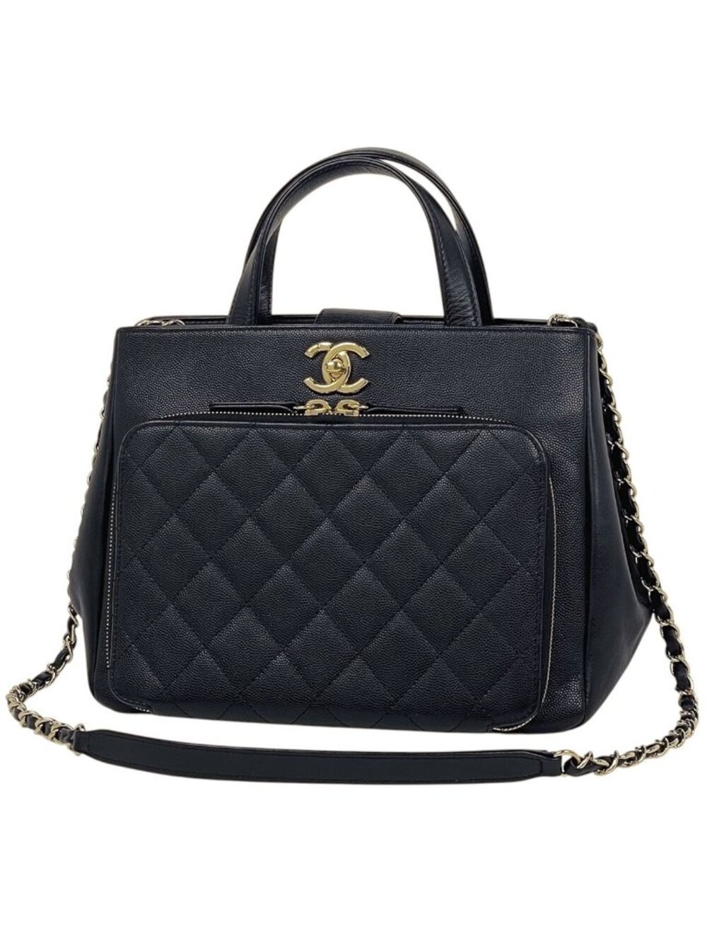 Chanel Handbag CC Logo Quilted 2-Way Business Infini Tea Caviar Leather Black